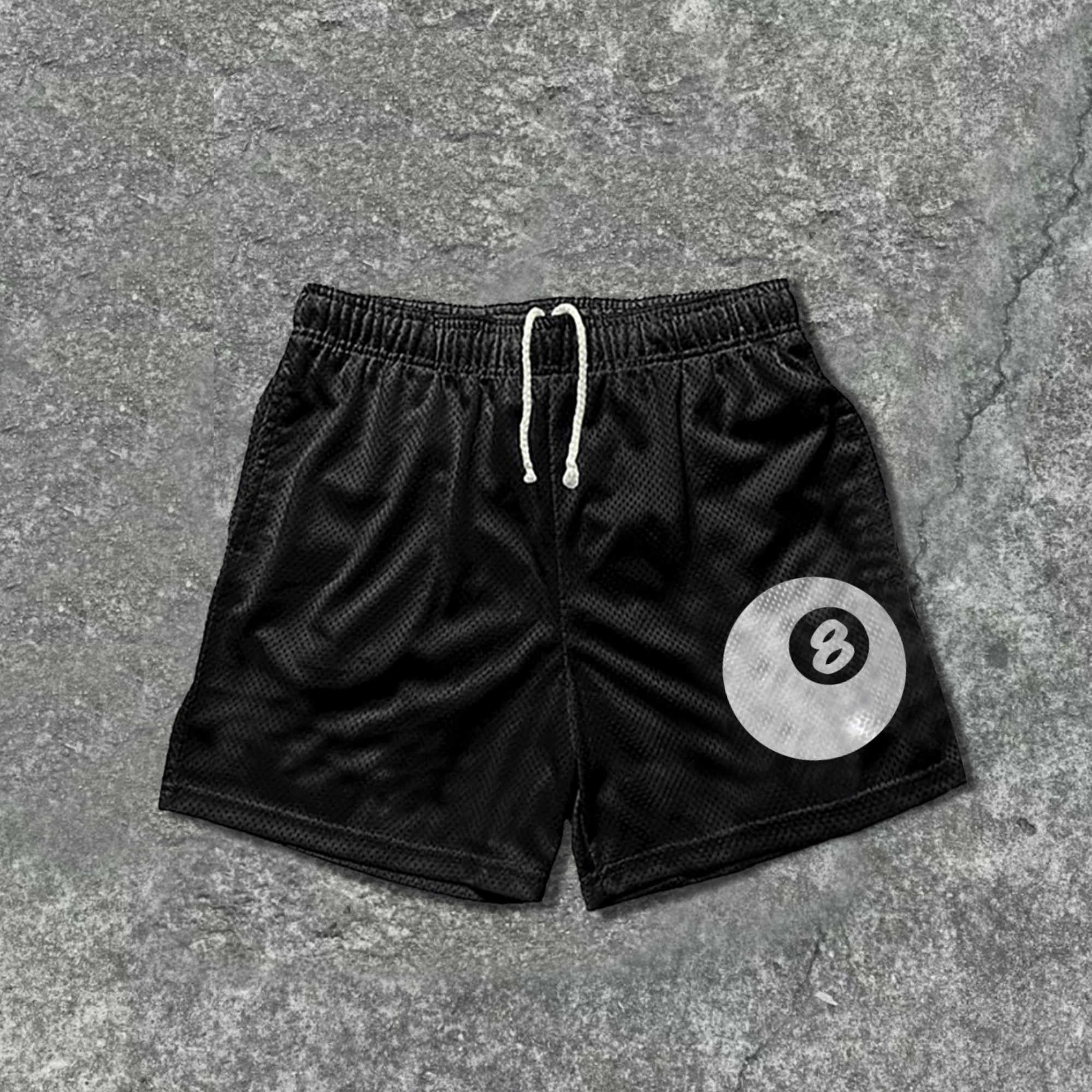 Street Vintage Black 8 Print Mesh Drawstring Shorts