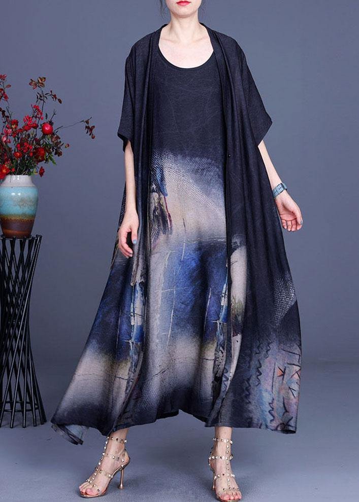 Elegant Black Print Silk Cardigans Braces Skirt Two Pieces Set
