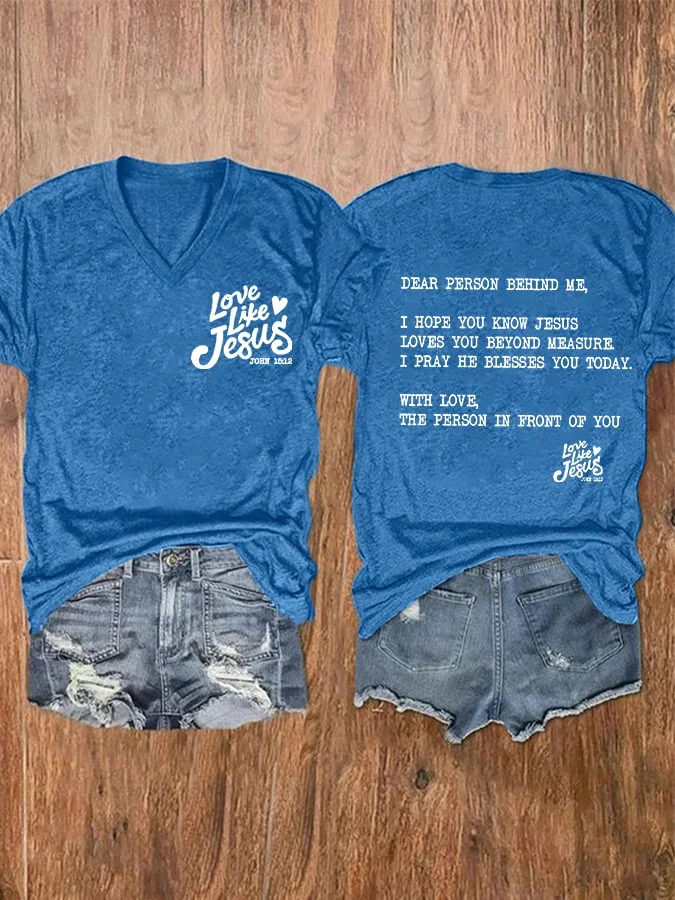 Women's Love Like Jesus Print V-Neck Casual T-Shirt socialshop