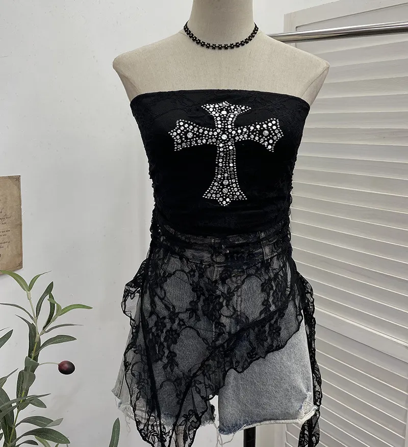 Brownm 2025 Hottie Street Sexy Lace Tset Bra Crucifix Nails Irregular Y2k Wear 9956