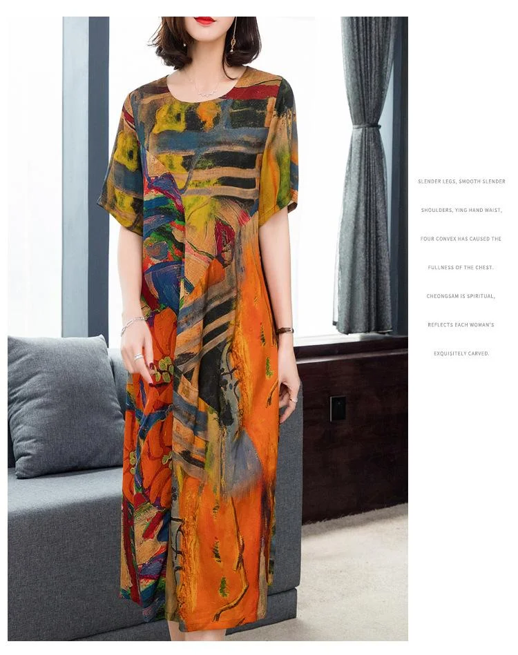 Color imitation silk mid-length dress