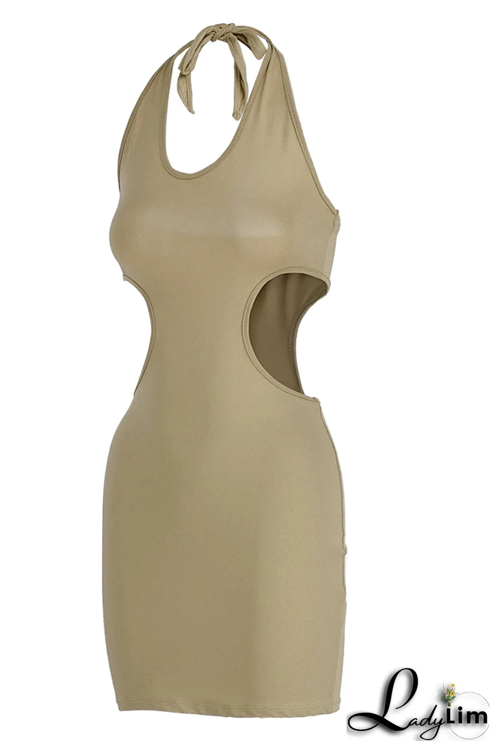 Brownness Sexy Solid Split Joint Halter Pencil Skirt Dresses