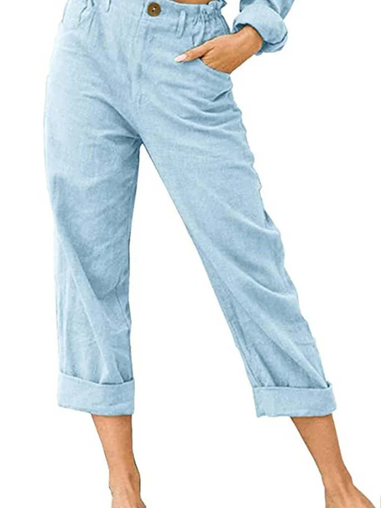 Plus Size Cotton Linen Solid Pocket Pants