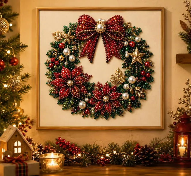 LSAT DAY 75% OFF 🎄🎅 Premium 3D Pearl Christmas Wall Art Kit | Luxury Flocked Canvas with Scratch-Resistant Non-Fading Pearl Beads DIY Holiday Decor ⛄️❄️