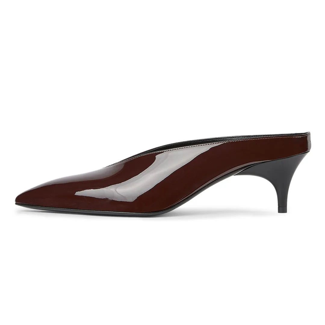 Classic Brown Pointed Toe Slip-On Kitten Heel Women's Mules Shoes