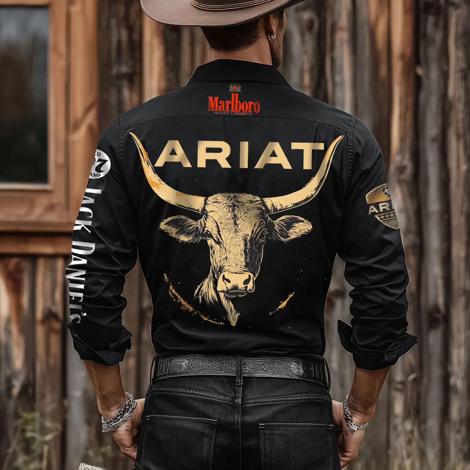 Men's Western-style Long-sleeved Shirt With Bull Pattern