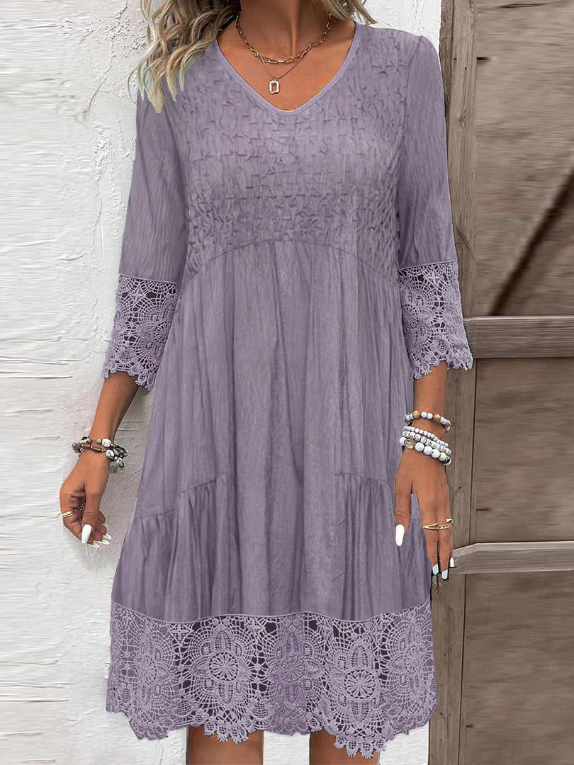 Women's 3/4 Sleeve V-neck Solid Color Lace Midi Dress