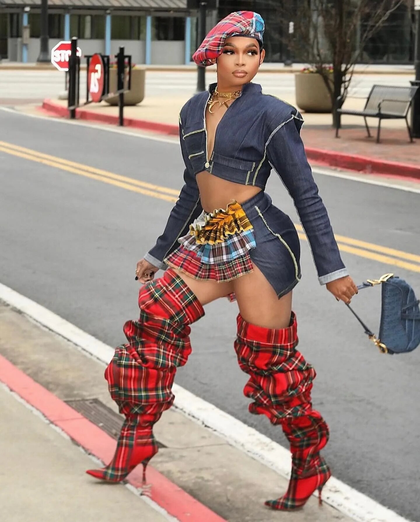 VCSHOES Red Grid Cloth Wide Loose Big Calf Pleated Over The Knee Boots Women Run Way Thin Heels Thigh Long Boots Shoes 44