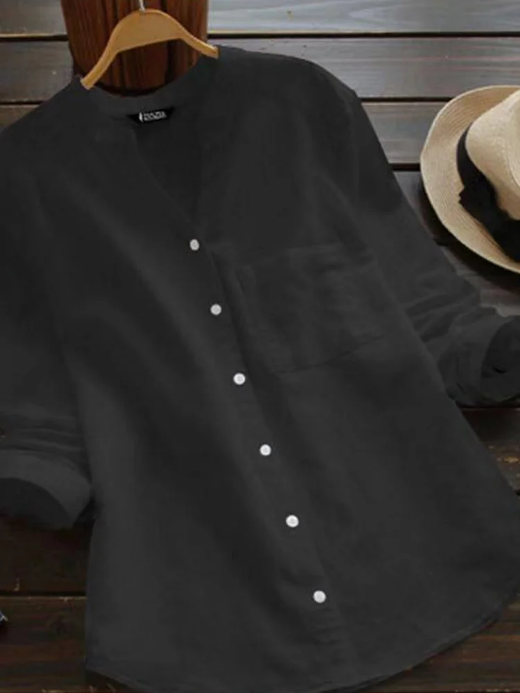 Solid Color Long-Sleeved Casual Loose Cotton And Linen Shirt