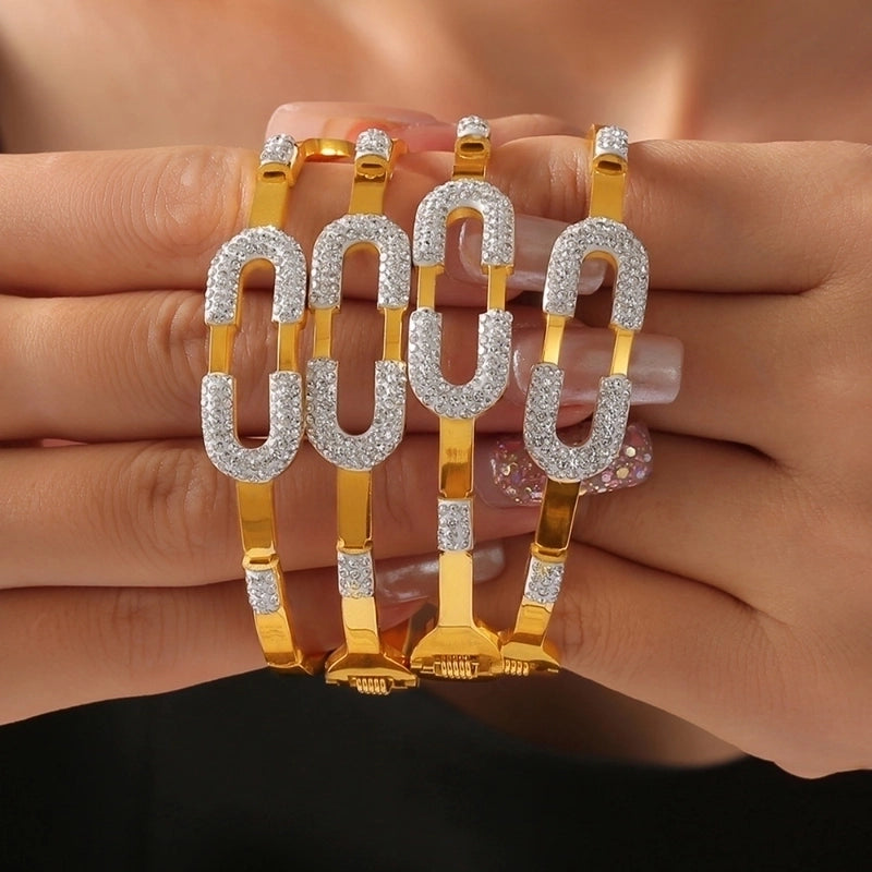 Casual Minimalist Round Lines 304 Stainless Steel 18K Gold Plated Rhinestones Bangle In Bulk