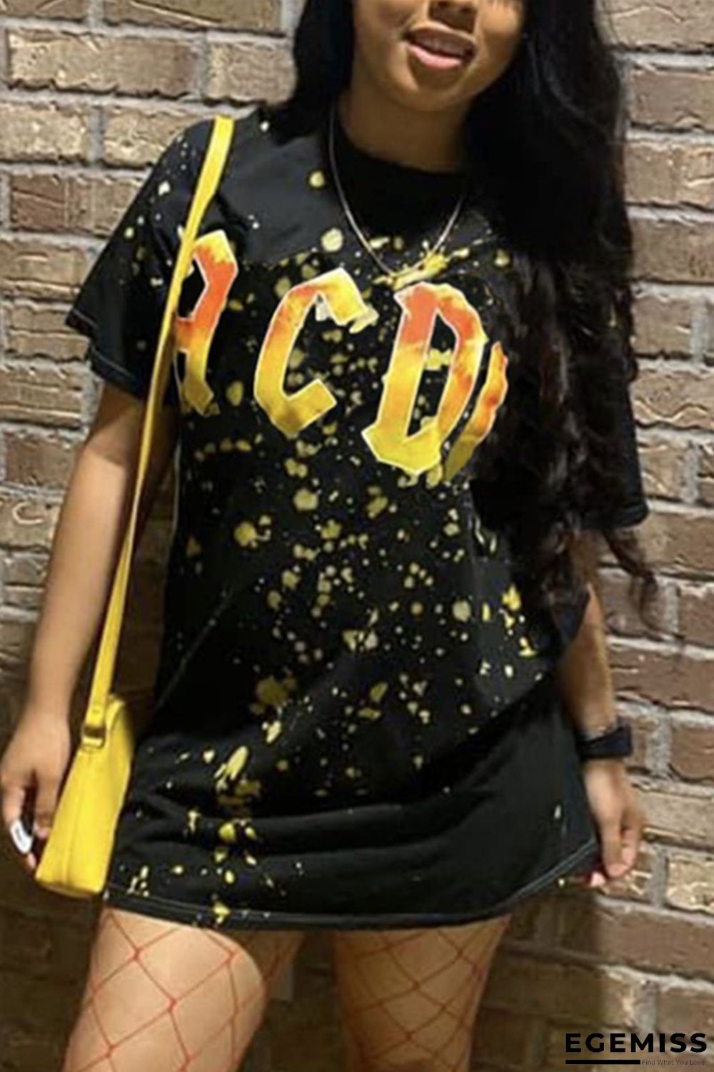 Black Fashion Casual Regular Sleeve Short Sleeve O Neck T-shirt Dress Mini Print Dresses | EGEMISS