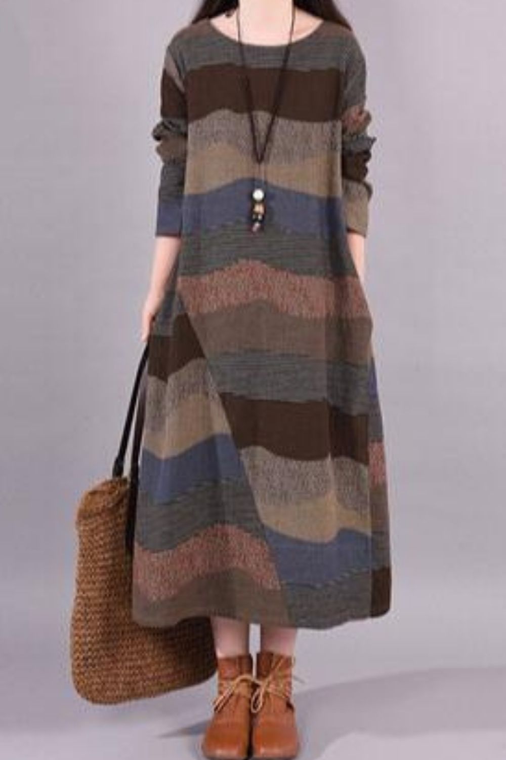 Long Sleeve Cotton Linen Vintage Print Spring Autumn O-Neck Dresses For Women Casual Loose Office Lady Dress Elegant Clothes