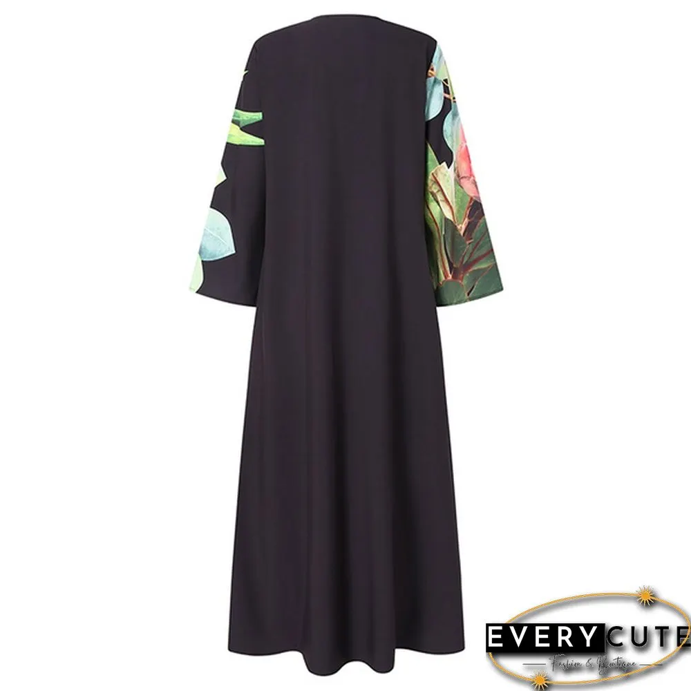 Women Spring Long Sleeved Floral Printed Plus Size Kaftan Dress Vintage Maxi Dresses
