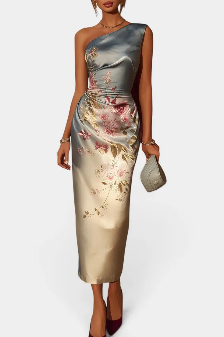Asymmetric One-Shoulder Floral Satin Midi Dress