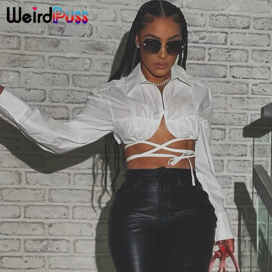 Weird Puss Cut Bandage Short T-Shirts Women Ruched Irregular Backless Tops Long Sleeve Streetwear Summer Casual Wild Clothing