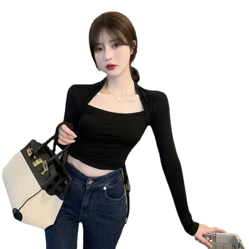 Brownm Brownm Square Collar Bottom Shirt Female Design Sense Niche 2023 Autumn Outfit With Long-Sleeved T-Shirt Slim Draw Rope Top Tide