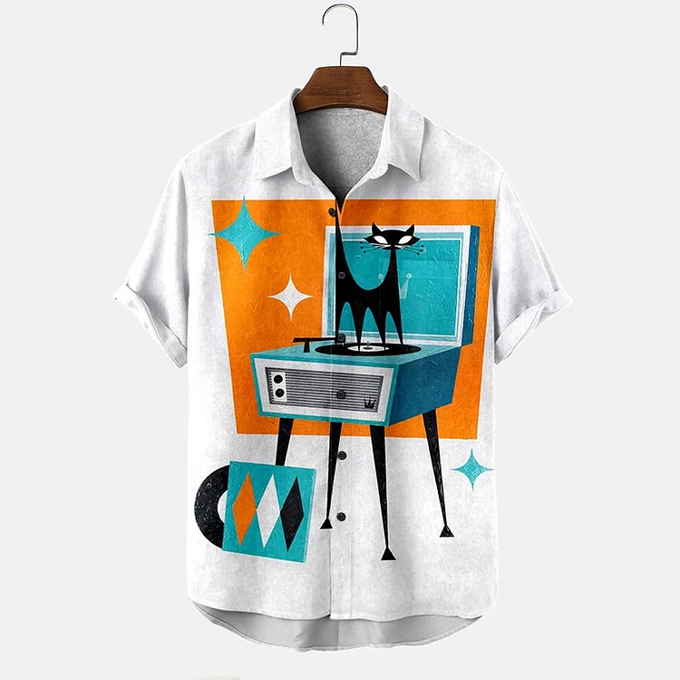 Men's Naughty Cat Print Short Sleeve Shirt