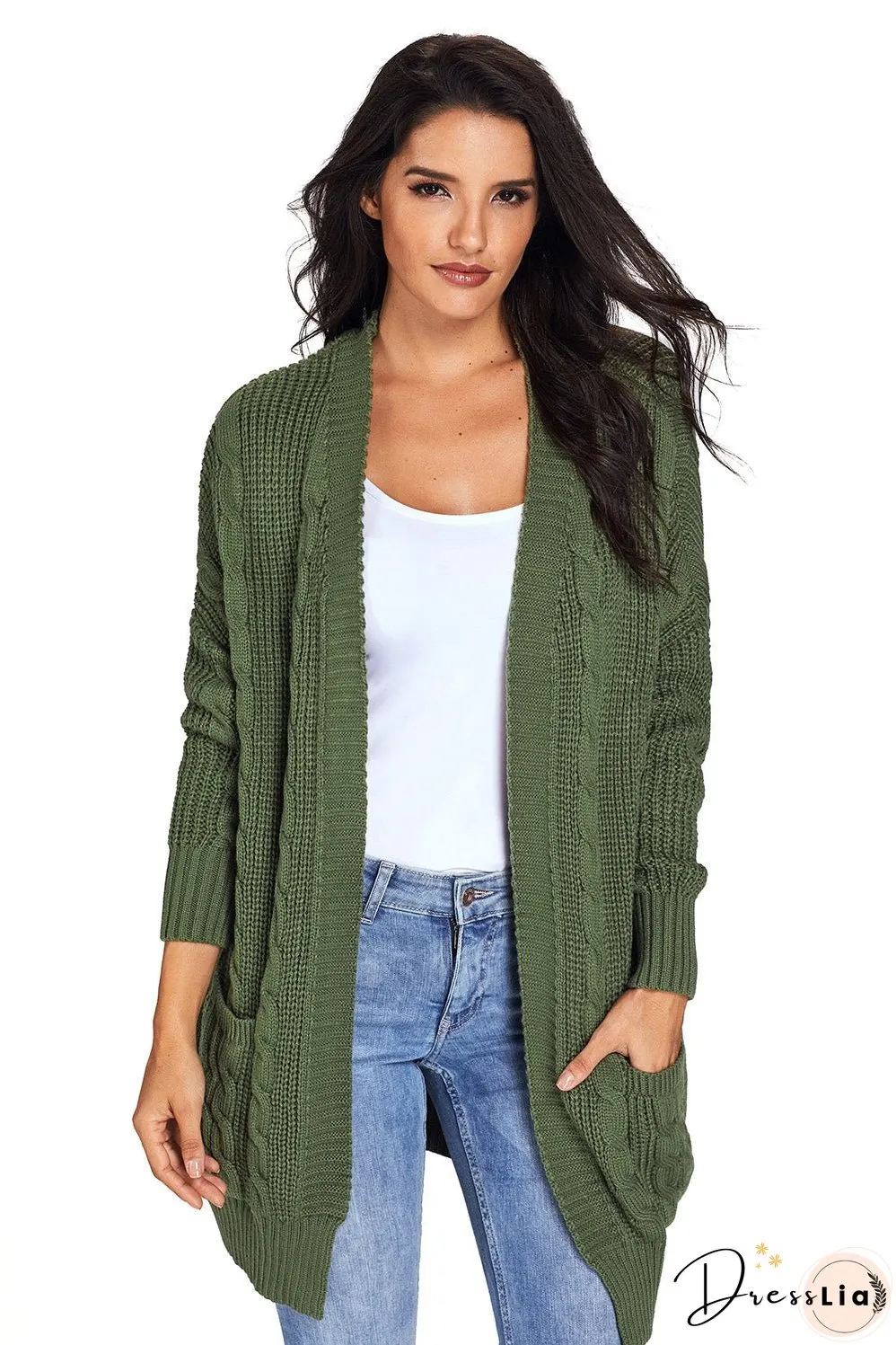 Army Green Knit Texture Long Sleeve Cardigan with pockets