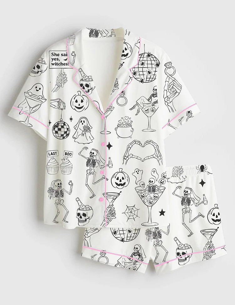 Women&rsquo;s Halloween Spooky Bachelorette Til Death Do Us Whimsical Wedding Party Print Short Sleeve Satin Pajama Set