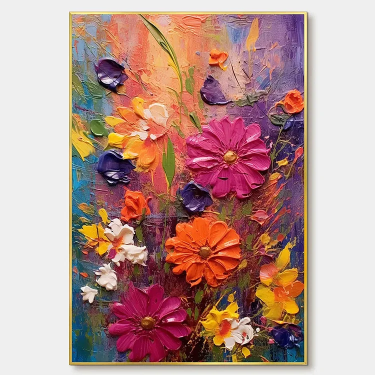 COLORFUL BOUQUET: Vertical Impasto Floral Painting, Vibrant Colorful Flowers, Textured Wall Art（Canvas painting）