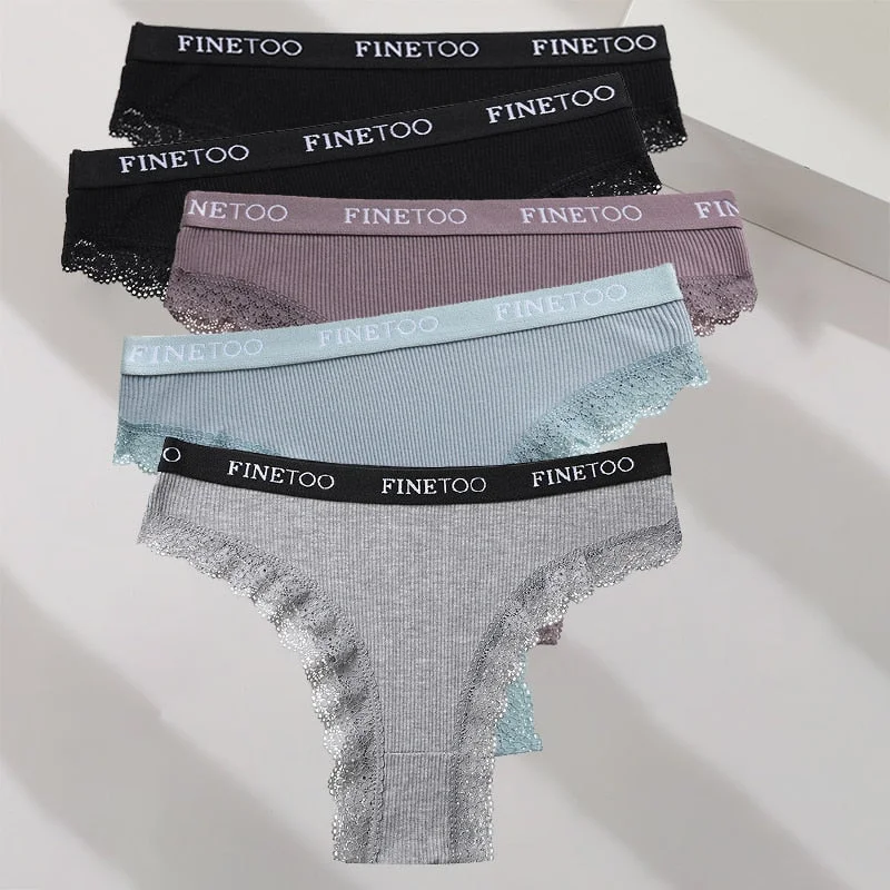 FINETOO 5PCS/Set M-XXL Cotton Panties Women's Letter Thong  Girls Brazilian Panty Sexy Lace Underwear For Woman Lingerie Bikini