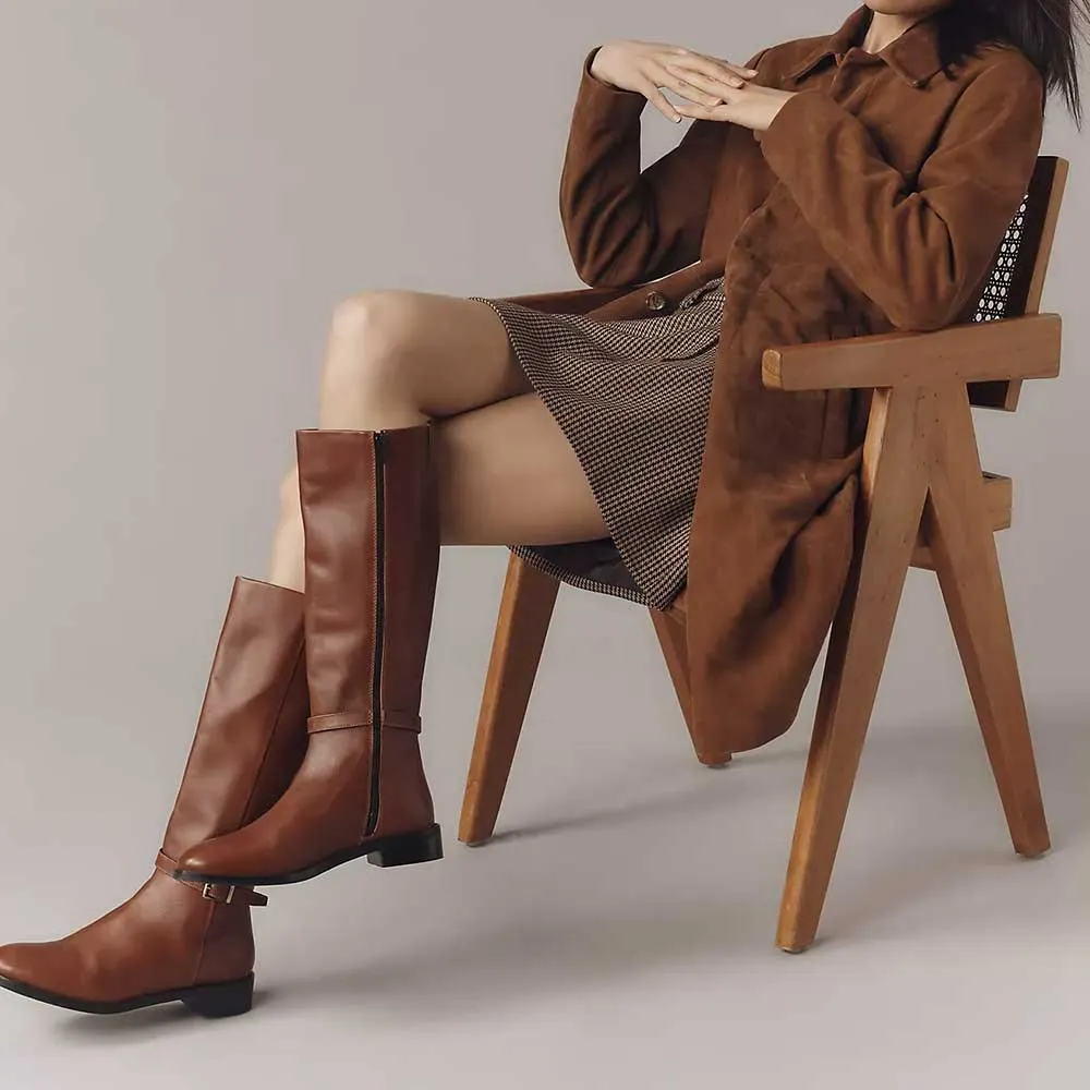 Round Toe Chunky Heel Buckle Side Zipper Tall Boots for Women in Brown
