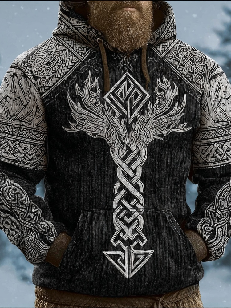 Men's Viking Inspired Pattern Print Vintage Cozy Hoodie elevenforest