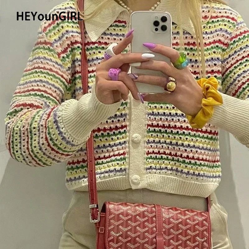 HEYounGIRL Rainbow Striped Y2K Cute Knitted Sweater Women Autumn Long Sleeve Fashion Cropped Cardigan Korean Buttons Up Jumper