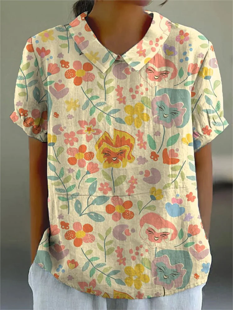 Women's Cute Smile Floral Art Print Casual Cotton And Linen Shirt