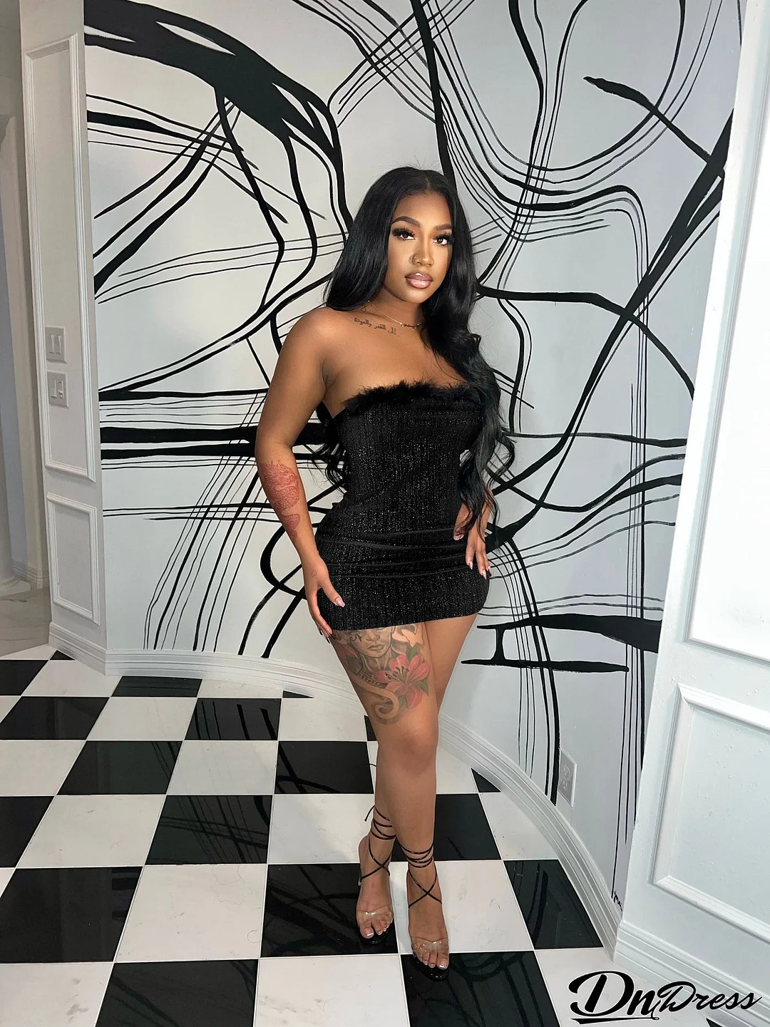WomenVelvet fur Off Shoulder Mini Dress