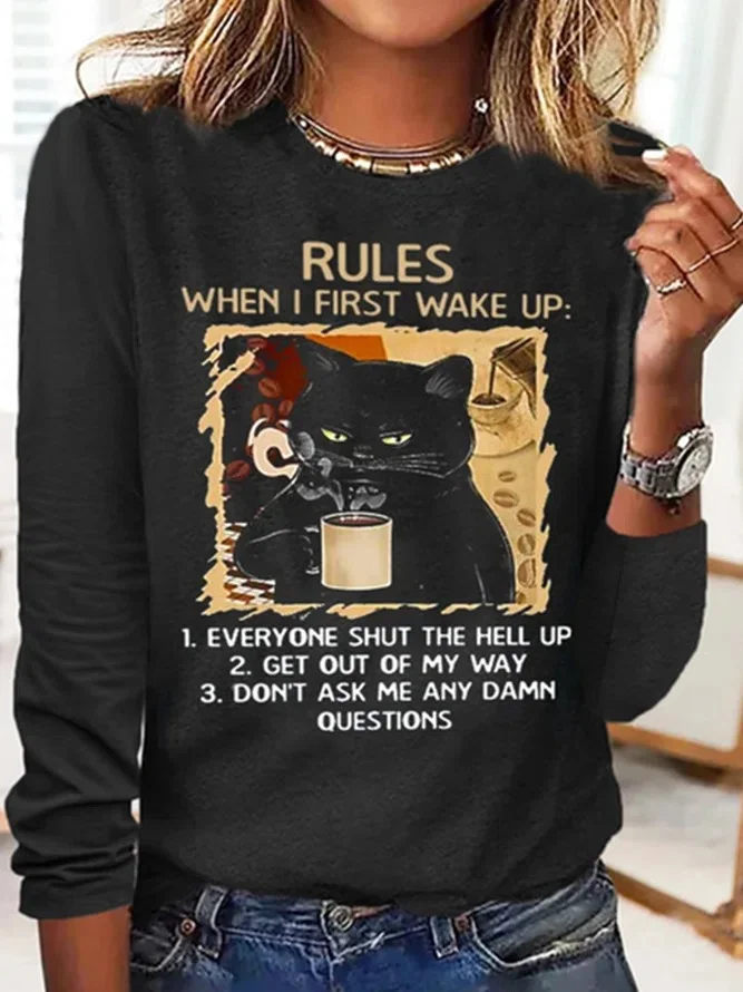 Women Black Cat Rules Cotton-Blend Simple Long Sleeve Top