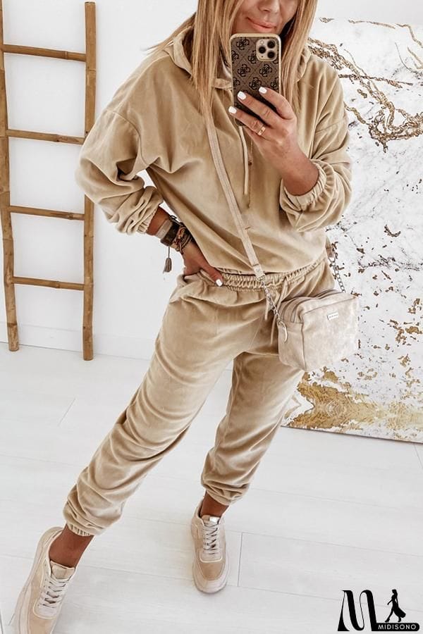 MidiSono - Velvet Drawstring Hooded Joggrt Set
