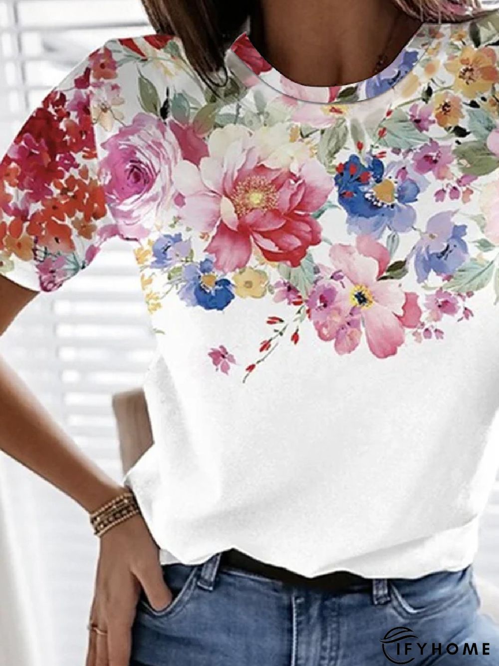 Casual Floral Crew Neck Short Sleeve T-Shirt | IFYHOME