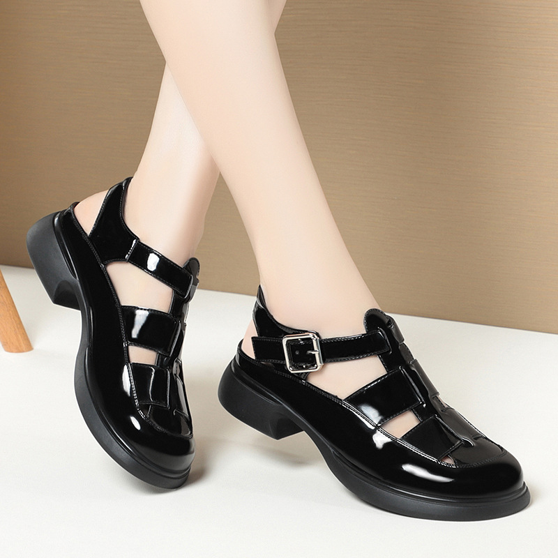 Karastik funky womens shoes Comfortable Fashion Square Heels Bright Leather Shoes Platform Sandals Summer 2025 Cutout Gladiator Sandals For Office Mom