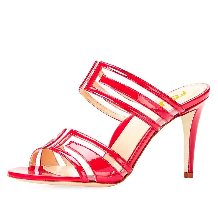 Red Transparent PVC Mule Heels Sandals |FSJ Shoes