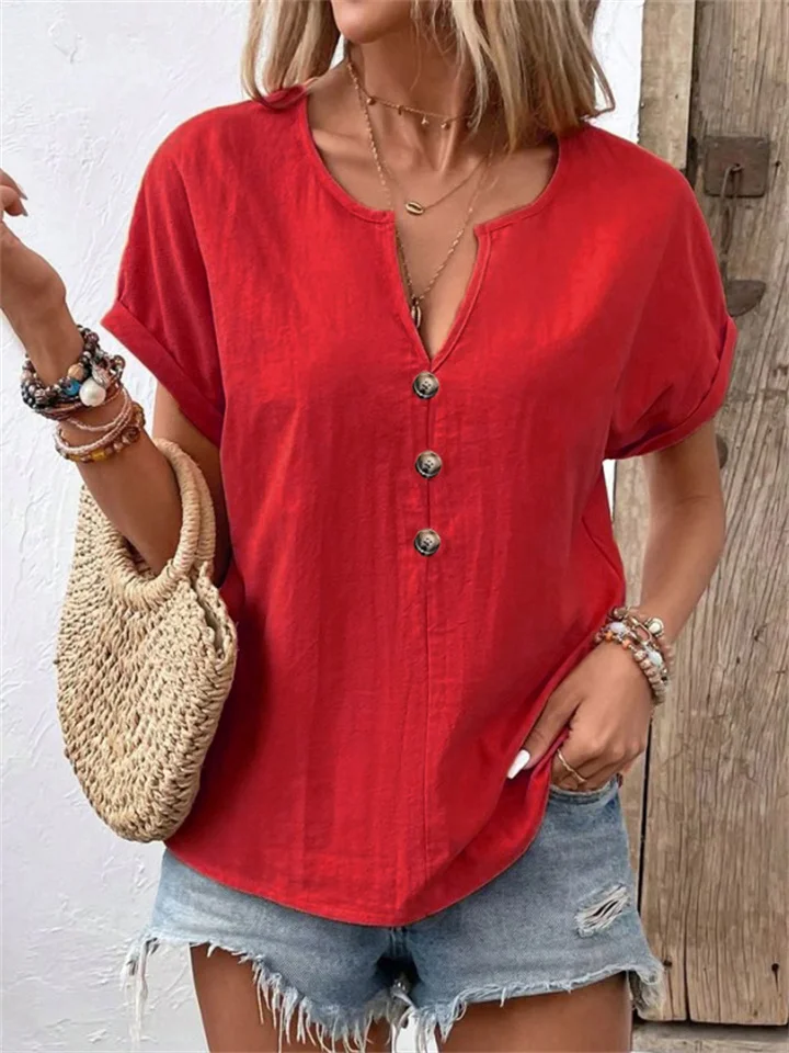 Summer New Arrival Women's Button-Up V-Neck Short-Sleeve T-Shirt Top-JRSEE