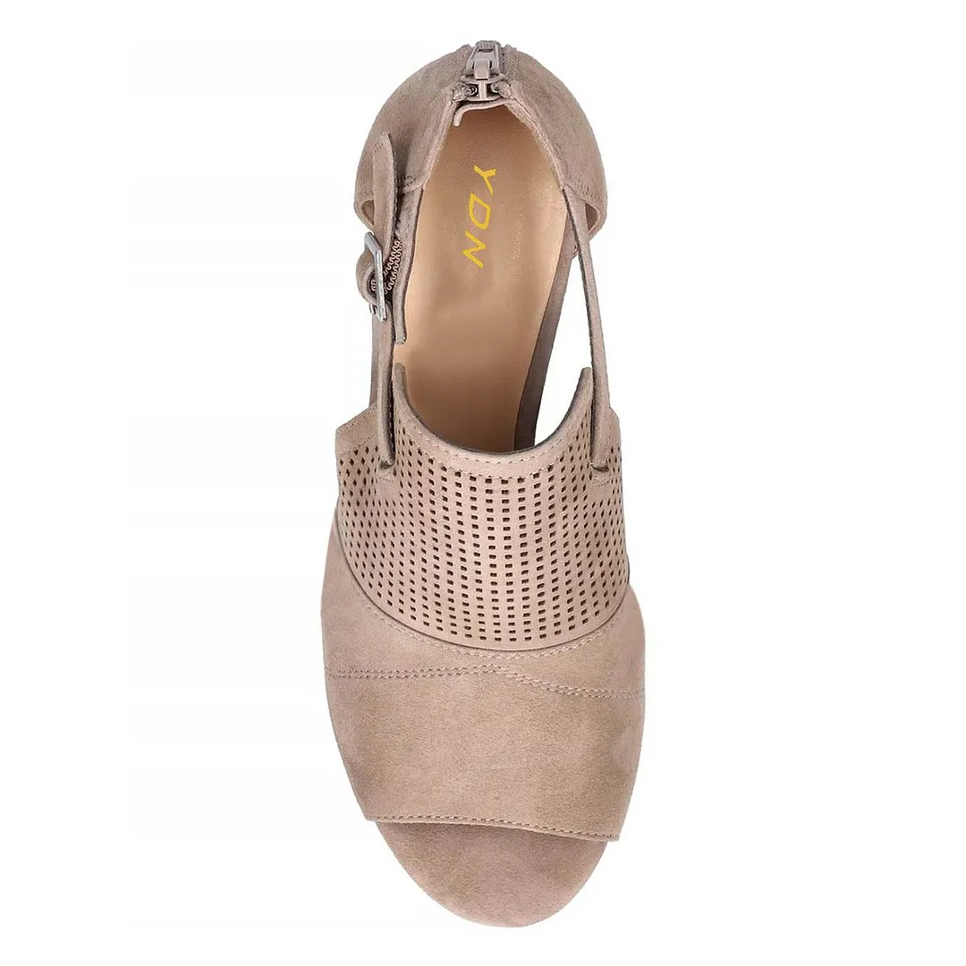 Khaki Cut-Out Peep Toe Perforated Block Heeled Ankle Boots Sandals