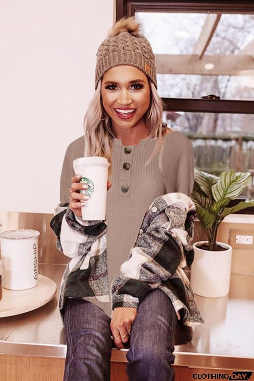 Buttoned Boat Neck Long Sleeve Blouse