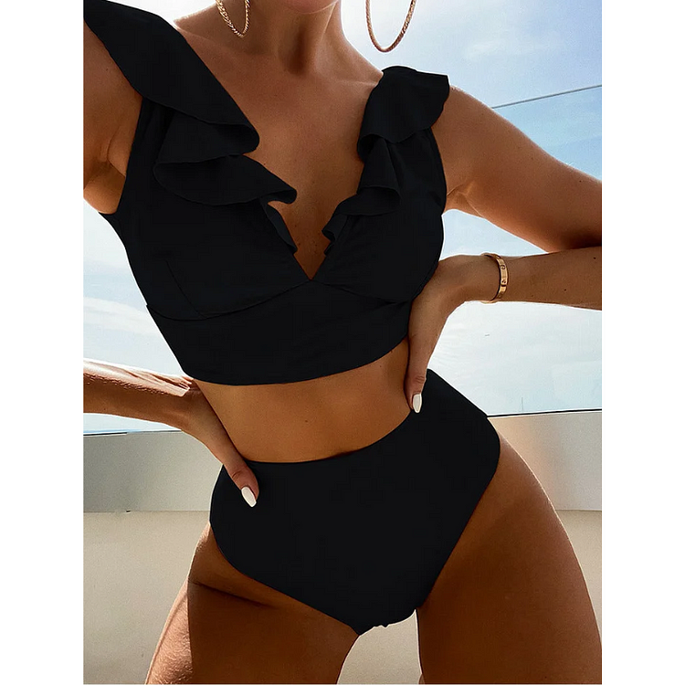 V Neck Ruffle Solid Color Bikini Swimsuit