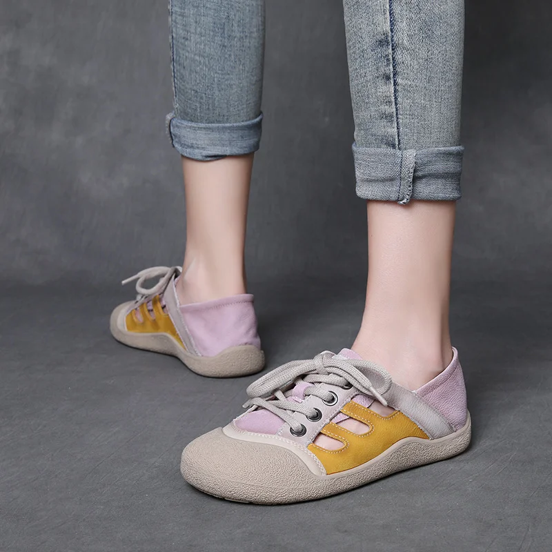 Qengg Qengg Layer Of Cowhole Retro Hollow Hole Shoe Woman 2025 Summer New Mori Art Sandals Casual Single Shoes