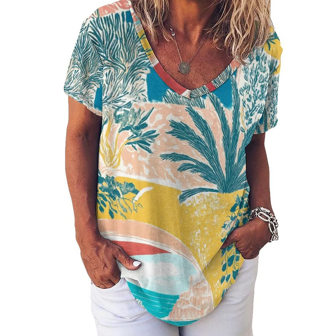 V-neck Short Sleeve Casual T-shirt for  Women Printed with Pattern Tropical, Summer, Blue