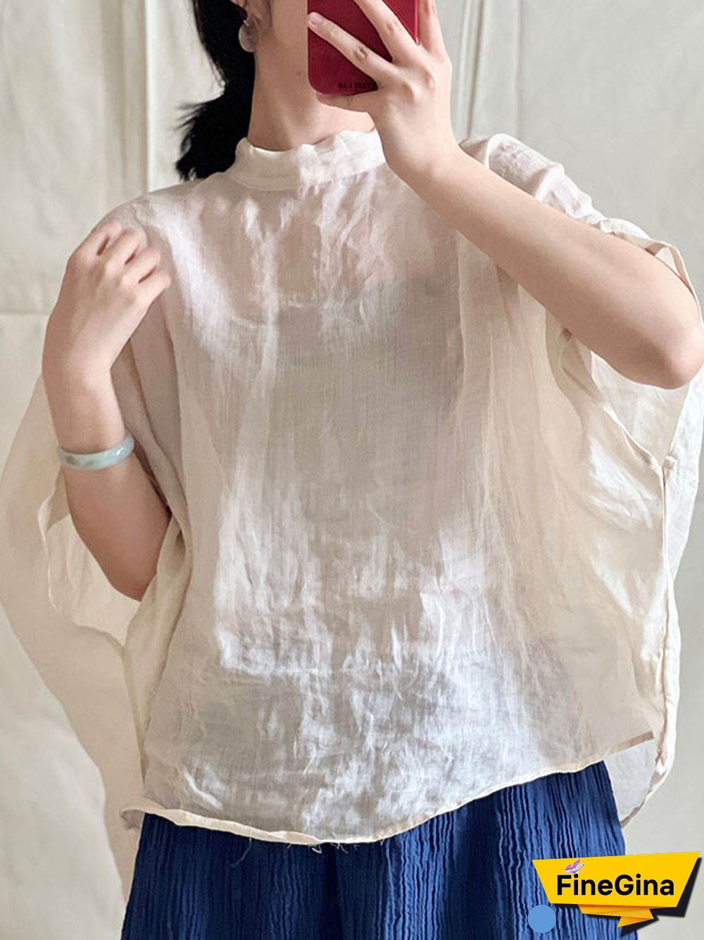 Batwing Sleeves Loose Lace-Up See-Through Solid Color Stand Collar Shirts Tops