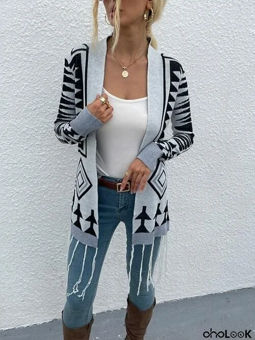 Geometric Fringe Hem Open Front Cardigan