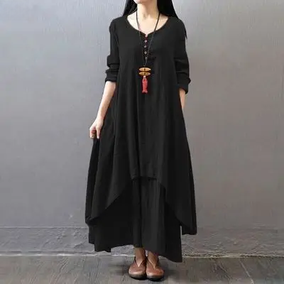 IO Dress 2025 Spring Autumn New Two-piece Illusion Long Dress Artistic Wide Hemming Hemp Dress Loose Fit Long Sleeve Cotton Hemp Skirt