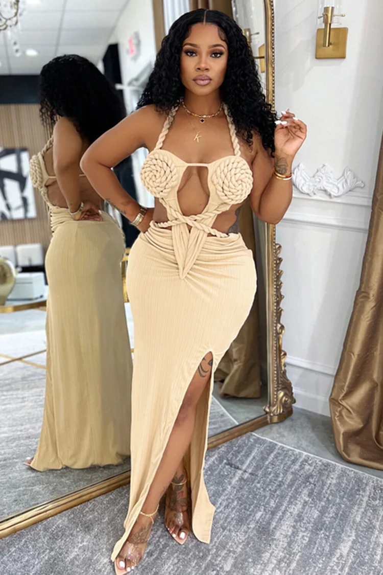 Rope Decor Halter Cutout Slit Bodycon Party Maxi Dresses-Beige