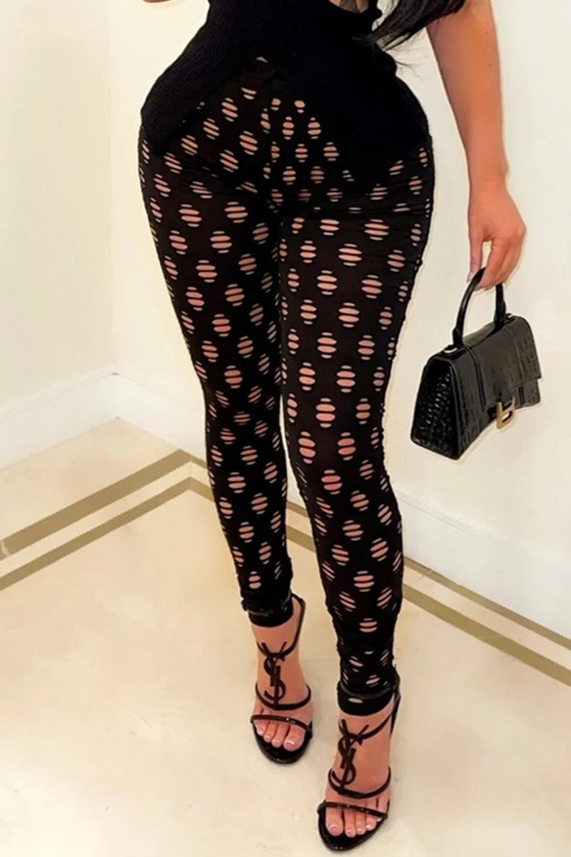 Fashion Sexy Solid Hollowed Out See-through Skinny High Waist Pencil Trousers