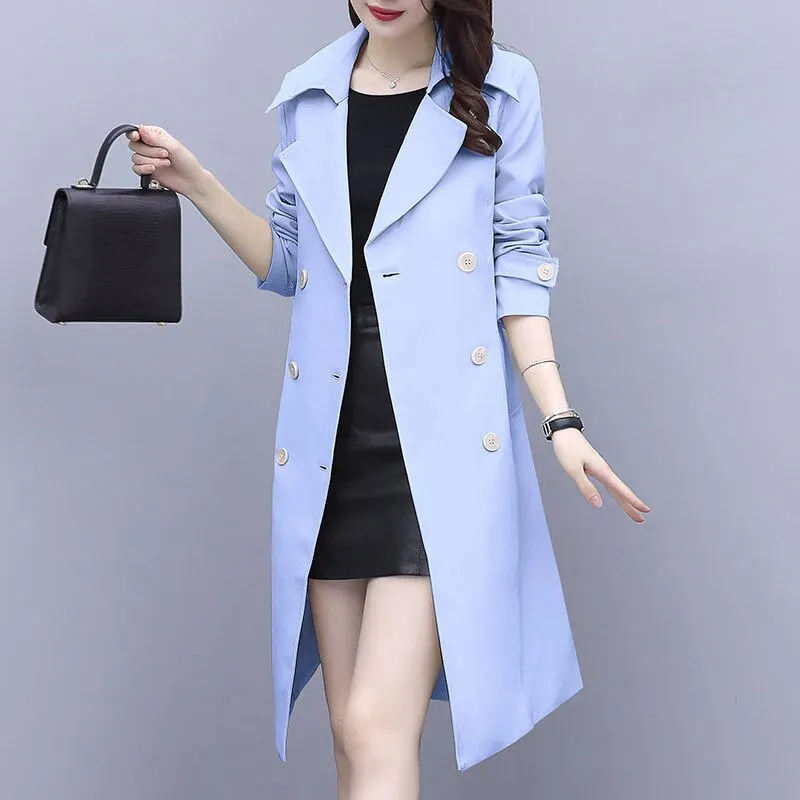 2021 New Spring Elegant Women Double Breasted Solid Thin Trench Coat Vintage Turn-down Collar Warm Trench With Belt Plus Size