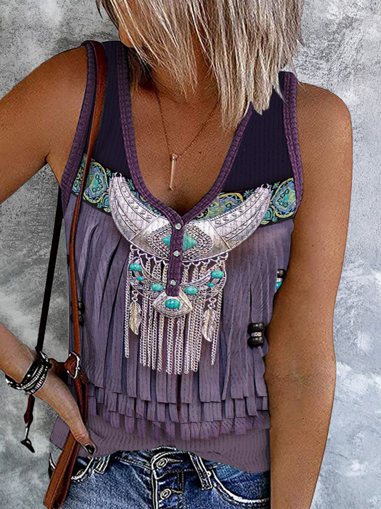 Comstylish Western Tassel Print V-Neck Tank Top