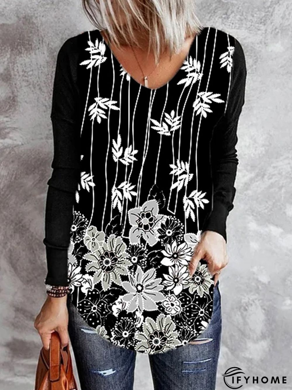 Floral V Neck Polyester Cotton Tunic T-Shirt | IFYHOME