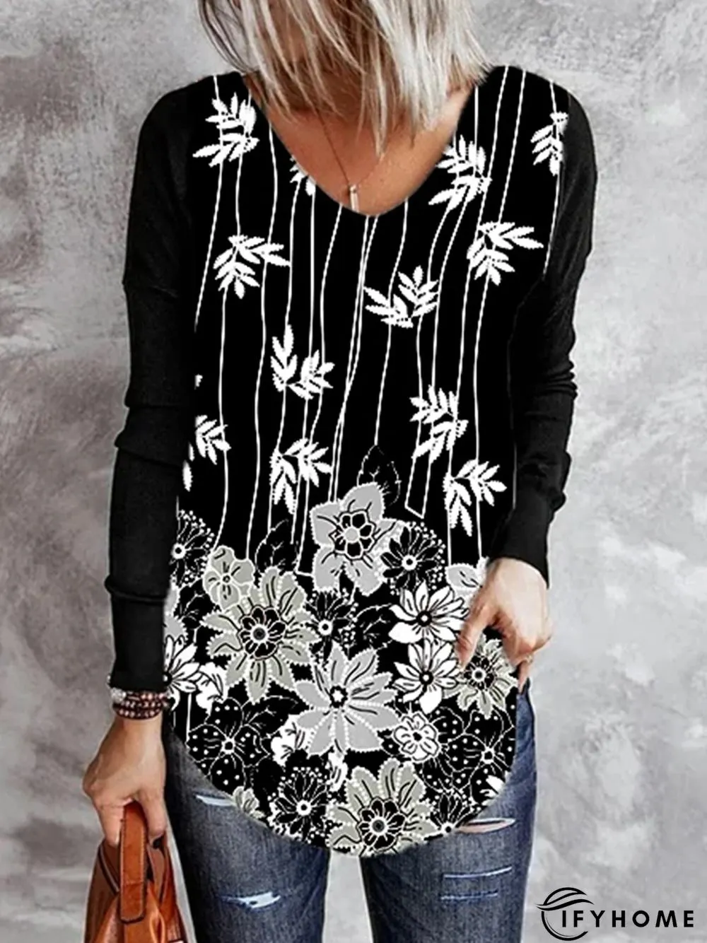 Floral V Neck Polyester Cotton Tunic T-Shirt | IFYHOME